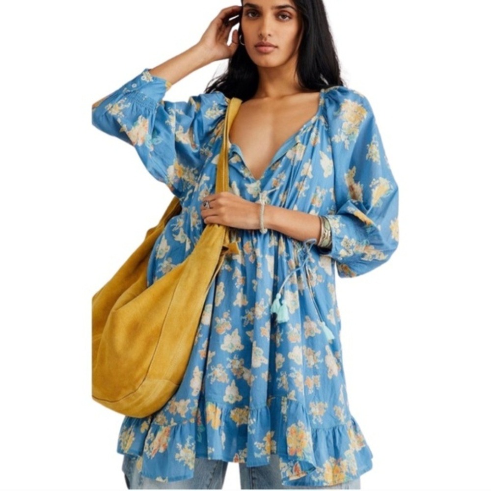 FREE PEOPLE Camella Floral‎ Bohemian Cottagecore Babydoll Mini Cotton Dress sz M